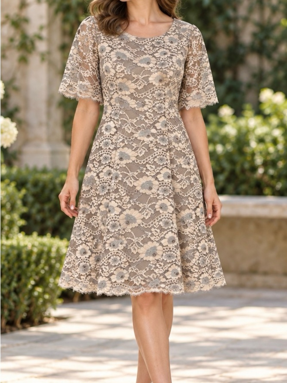 Jessica Howard Floral Lace Dress Size 10 Beige Gray Flutter Sleeve A-Line Brunch